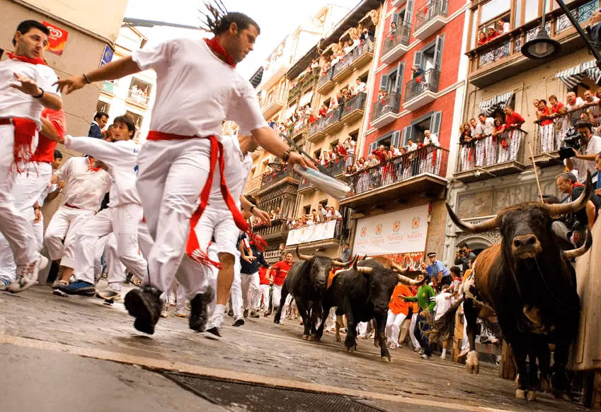 An image of the Running of the Bulls, Pamplona, Spain